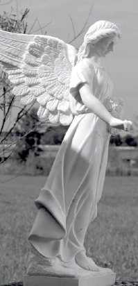 Grabengel mit Rose. Engel der Freiheit von der Seite.